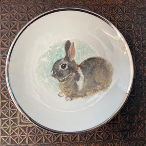 May include: A white ceramic plate with a silver rim features a watercolour painting of a brown rabbit with white markings. The rabbit is sitting on a light blue and green background.