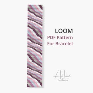 May include: A PDF pattern for a bracelet design. The design features a repeating pattern of diagonal stripes in shades of pink, purple, gray, and white. The word "LOOM" is displayed in large, bold text, along with "PDF Pattern For Bracelet".