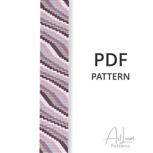 Padrão de pulseira de tear de miçangas em PDF, Ondas diagonais em ameixa, rosa e prata | GM-0326r