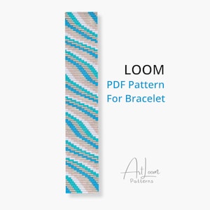 May include: A loom bracelet pattern with a repeating diagonal design in shades of blue, teal, and beige. The text "LOOM PDF Pattern For Bracelet" is displayed in blue and black. The Art Loom Patterns logo is in the bottom right corner.