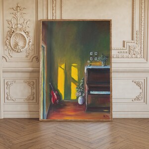 May include: An oil painting of a room with a piano, guitar, and vase of flowers. The room is bathed in sunlight streaming through a window. The painting has a warm color palette with shades of brown, yellow, and green.
