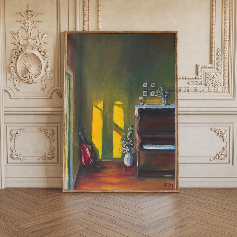 May include: An oil painting of a room with a piano, guitar, and vase of flowers. The room is bathed in sunlight streaming through a window. The painting has a warm color palette with shades of brown, yellow, and green.