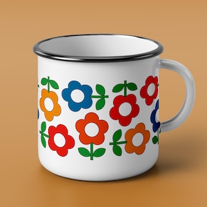 Retro Flower Enamel Mug – Colorful 70s-Inspired Coffee Cup – Groovy Floral Kitchen Gift