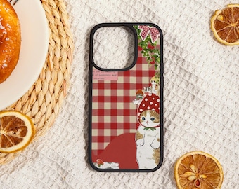 Red Plaid Strawberry Cat Phone Case,Holiday Gift for iPhone,iPhone 17 16 16E 15 14 13 12,iPhone Air Pro Plus Mini SE,Personalized Phone Case
