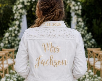 Sparkle Rhinestone Bride Denim Jacket, Personalized Bling Wedding Jean, Custom Future Mrs Gift, Honeymoon Keepsake