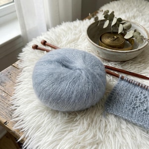 May include: A ball of pale blue yarn rests on a white, fluffy surface, alongside wooden knitting needles and a small knitted piece. A small bowl with a measuring tape and foliage is in the background.