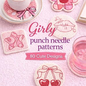 Könnte beinhalten: Eine Sammlung von rosa und weißen Punch-Needle-Untersetzern mit verschiedenen Designs, darunter eine Schleife, Kirschen, ein Stern und eine Blume. Das Bild zeigt auch eine Tasse Tee und den Text "Girly punch needle patterns".