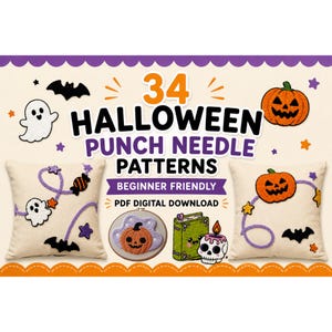 May include: A digital download featuring 34 Halloween punch needle patterns. The graphic displays two cream-colored throw pillows with ghost, pumpkin, and bat designs, a pumpkin in a hoop, and a green book with a skull candle illustration.