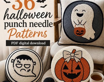 36 Halloween Punch Needle Patterns PDF Bundle, Ghost Pumpkin Cute Spooky Rug & Pillow Designs, Beginner DIY Digital Download
