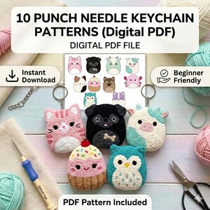 Peut inclure: Un ensemble de patrons de porte-clés au point de croix en format PDF numérique. L'image présente des porte-clés finis en forme d'animaux et de cupcakes, avec le texte "10 PUNCH NEEDLE KEYCHAIN PATTERNS (Digital PDF)" et "Beginner Friendly".