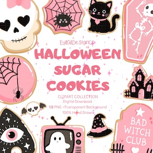 Pacote de imagens PNG de biscoitos de açúcar rosa para o Halloween, biscoitos fofos e assustadores, PNG de Halloween em tons pastel, clipart de gato bruxa fantasma kawaii, bruxa coquete