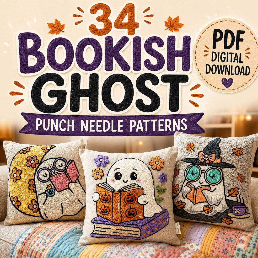 34 Bookish Ghost Punch Needle Patterns Bundle | Halloween Punch Needle ...