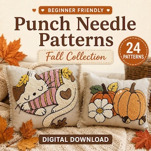 May include: A digital download featuring 24 punch needle patterns for a fall collection. The image displays two beige cushions with textured designs: one shows a cat in a pink striped jumper, and the other shows pumpkins and a white flower.