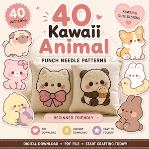May include: An advertisement for punch needle patterns with the text "40 Kawaii Animal Punch Needle Patterns." The image showcases adorable animal illustrations, including a panda and a cat, and the words "Beginner Friendly" are also visible.