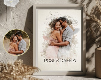 May include: A watercolor portrait of a couple, Rose & Damion, embracing in a soft pink and brown color scheme. The image is framed and has a white background.