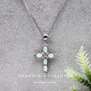 White Opal Ribbon Necklace - Silver Cross Pendant & White Opal Cross Necklace