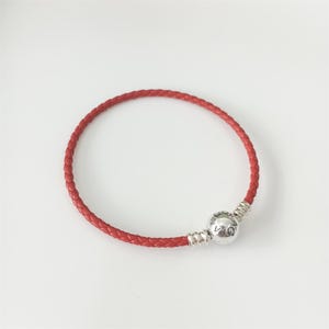 Pandora Sterling Silver red LEATHER Charm Bracelet