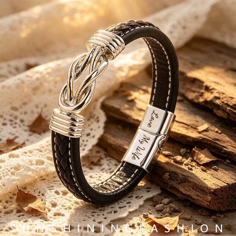 Infinity Barid To My Son Silver Infinity Knot Braided Leather Engraved Bracelet ...