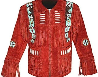 Chaqueta de gamuza roja con flecos hecha a mano: estilo vaquero occidental con cuentas