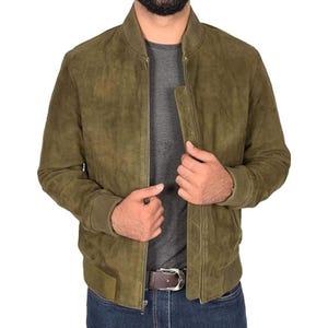 Handmade Olive Green Suede Leather Biker Bomber Jacket