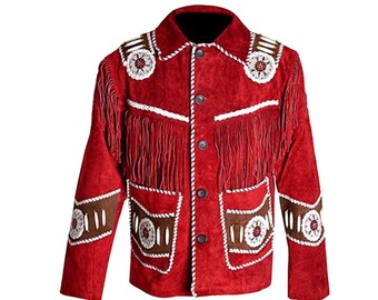 Chaqueta de gamuza roja con flecos para hombre, hecha a mano: estilo vaquero occidental con cuentas