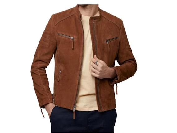 Handmade Brown Suede Leather Biker Jacket - Men's Goatskin Western