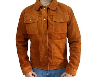 Chaqueta de ante marrón hecha a mano: Bomber con botones para hombre