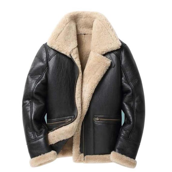 Handgefertigte neue schwarze Leder Bomberjacke Schaffelljacke - Main Image