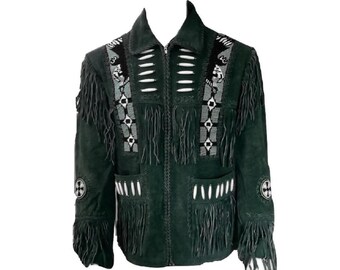 May include: A dark green suede jacket with fringe detailing and Native American inspired embroidery. The jacket has a zipper closure and a stand-up collar.
