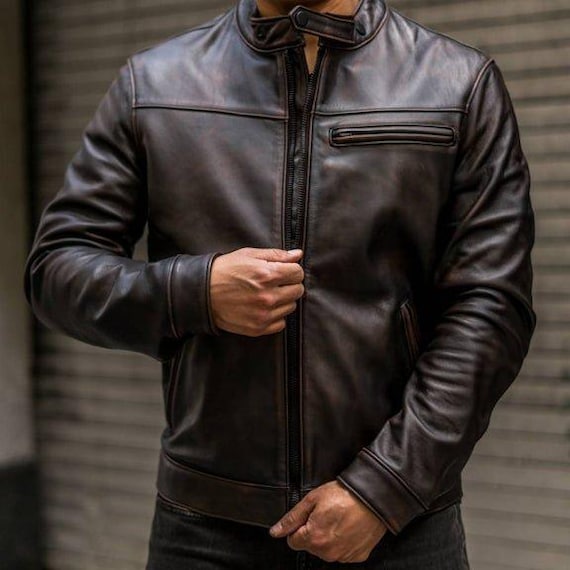 Handmade New Mens Dark Brown Leather Cafe Racer Jacket With