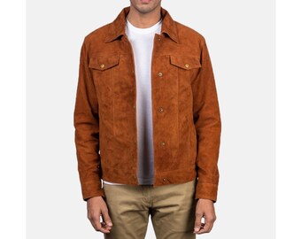 Chaqueta estilo camionero de ante marrón hecha a mano: estilo vaquero occidental para hombre