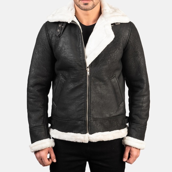 Herren Pilot Fur Distressed Schwarz Leder Bomberjacke Shearling