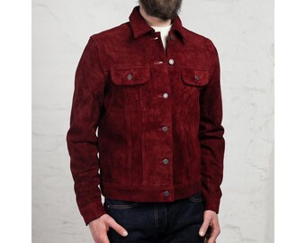 Handmade Red Suede Leather Trucker Jacket - Western Cowboy Style