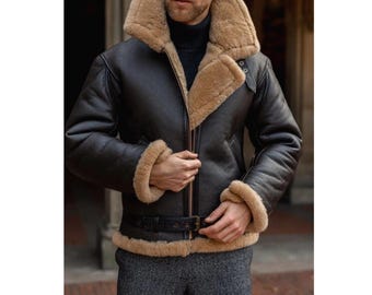 Handmade Mens B3 RAF Aviator Black Shearling Leather Jacket