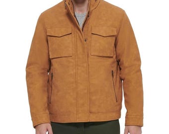 May include: A brown suede jacket with a zip fastening and two flap pockets on the front. The jacket has a stand-up collar and a zipped pocket on the left sleeve.