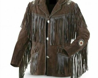 May include: Brown suede jacket with long fringe detailing on the sleeves, chest, and pockets. The jacket features decorative stitching and silver-tone buttons. The jacket has a classic western style.