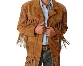 Chaqueta de gamuza marrón con flecos para hombre, hecha a mano: estilo vaquero occidental