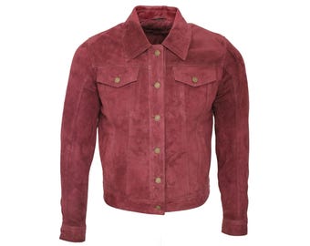 May include: A burgundy suede jacket with a button-up front and two flap pockets. The jacket has a classic denim style.