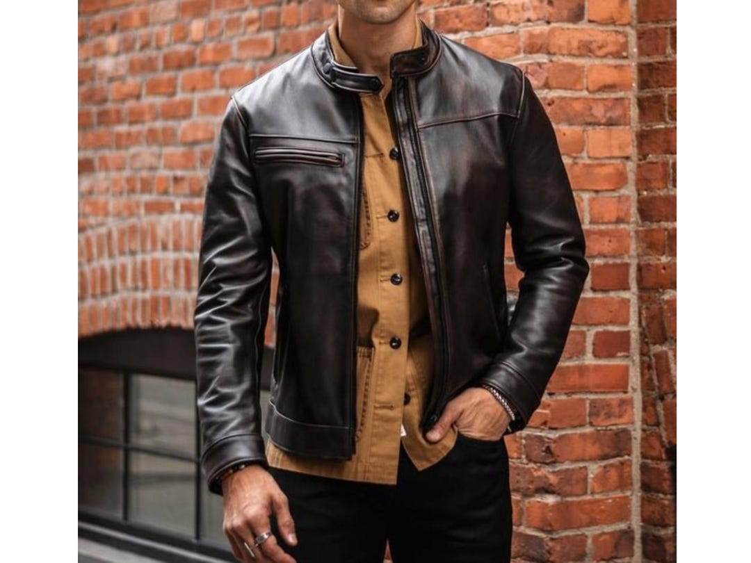 Handmade Mens Dark Brown Leather Cafe Racer Jacket, Wax Shaded