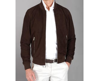 Chaqueta bomber de ante marrón oscuro hecha a mano, estilo western con flecos para hombre