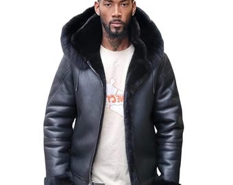 Men&#39;s Black Shearling Leather Aviator Jacket: Fur Collar Winter Coat