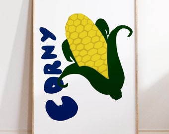 Arte divertido con maíz: decoración de pared divertida dibujada a mano, linda impresión de cocina, ilustración peculiar de otoño, impresión digital divertida con maíz