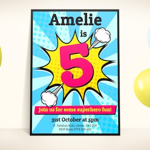 Editable Superhero Birthday Invitation Template, 5th Birthday Party Invitation, Kids Superhero Invite, Digital Kids Party Invite, Five, 5th