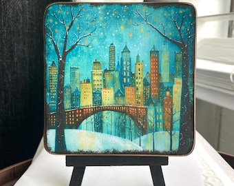 Snowy City in Winter Tiny Easel Art, Mini Art Print, Mini Wood Block, Shelf Sitter, Tiered Tray Decor #10-1
