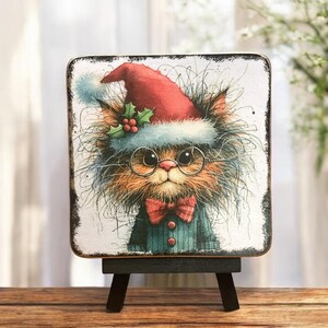 Cat in Christmas Hat Tiny Easel Art, Mini Art Print, Mini Wood Block, Tiered Tray Decor, Desk Decor, Shelf Sitter, #17-1