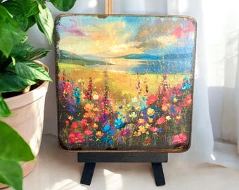 Fields of Wildflowers Tiny Easel Art, Mini Art Print, Mini Wood Block, Tiered Tray Decor, Shelf Sitter #57