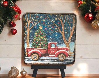 Red Truck with Christmas Tree in Winter Tiny Easel Art, Mini Art Print, Mini Wood Block, Tiered Tray Decor, Shelf Sitter, #35-3