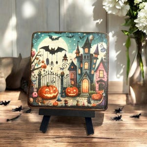 Puede incluir: Un letrero de madera pintado a mano con temática de Halloween. El letrero representa una casa encantada con un murciélago volando por encima, calabazas y una puerta. El letrero está sobre un pequeño caballete.