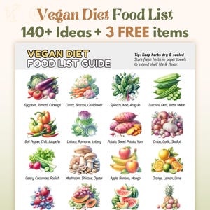Lista de alimentos veganos, Tabla de alimentos veganos, Dieta vegana, Guía de alimentos de origen vegetal, Lista de la compra vegana, Vegetariano, Guía de alimentación saludable