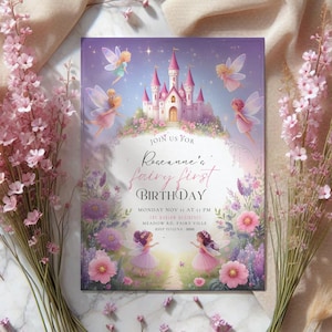 Invito per il primo compleanno di una fata per bambine, invito modificabile per il primo compleanno di una bambina, invito per il primo compleanno di una fata, inviti per la foresta incantata